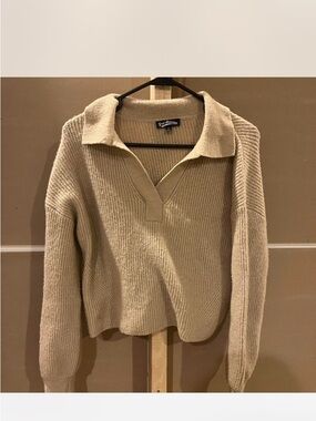 Freshman Beige V-Neck Collared Knit Sweater